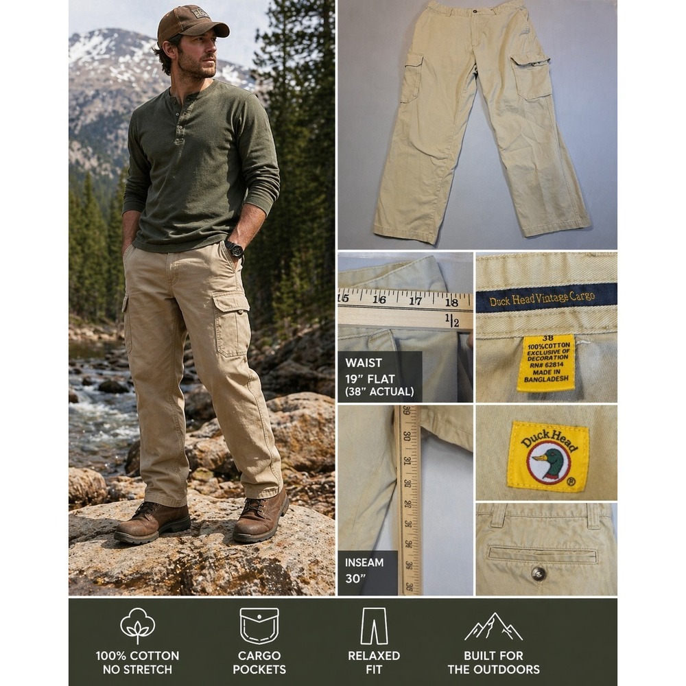 Duck Head Vintage Cargo Pants Mens 38x30‎ Khaki Tan 100% Cotton Workwear Outdoor